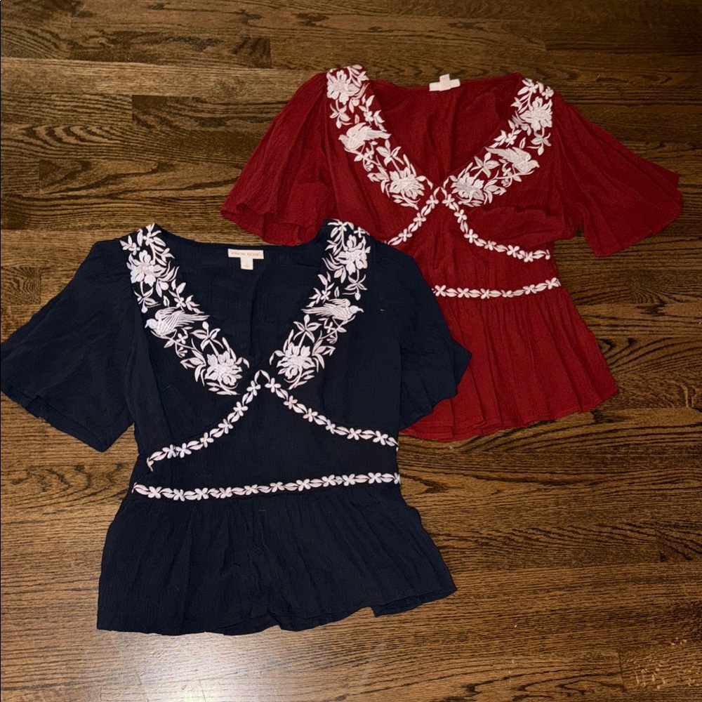 Xhilaration Floral Embroidered Blouses - Maroon and Black